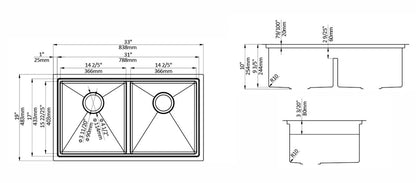 Aquaflo Professional Hex 2 33"x19" Handcrafted Double Bowl Kitchen Sink with Basket Strainer - KSP23319