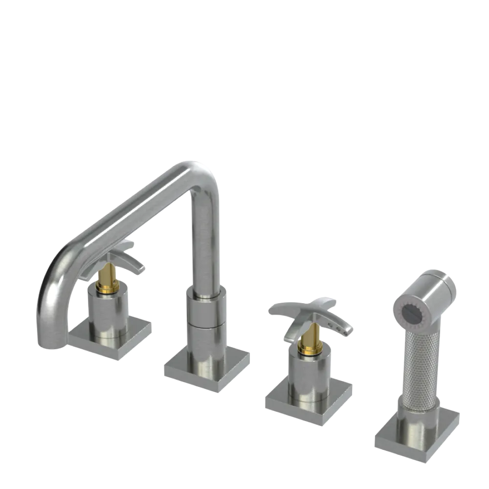 Rubinet Widespread Kitchen Set with Genesis Spout with Hand Spray Satin Nickel