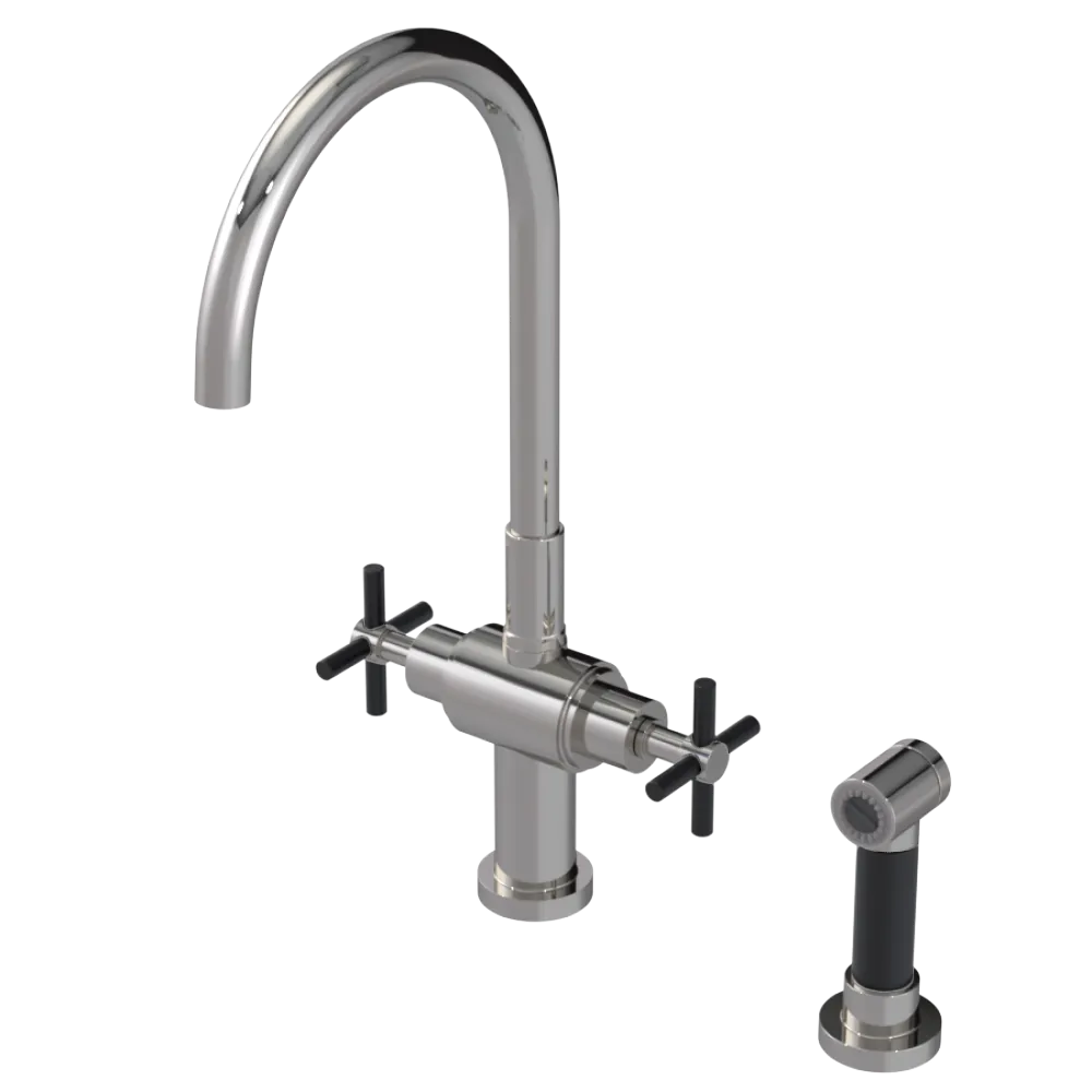 Rubinet Two Handle Single Hole Kitchen Set with LaSalle Spout with Hand Spray Polished Nickel