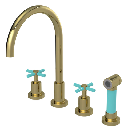 Rubinet Widespread Kitchen Set with LaSalle Spout with Hand Spray Natural Brass