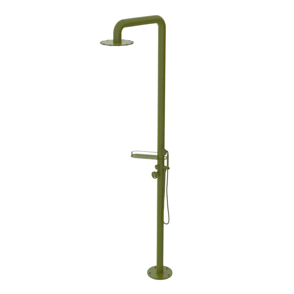 Rubinet Pressure Balance Outdoor Shower with Hand Held Shower & 10" Shower Head (with shelf) - 304 Stainless Steel Green Envy