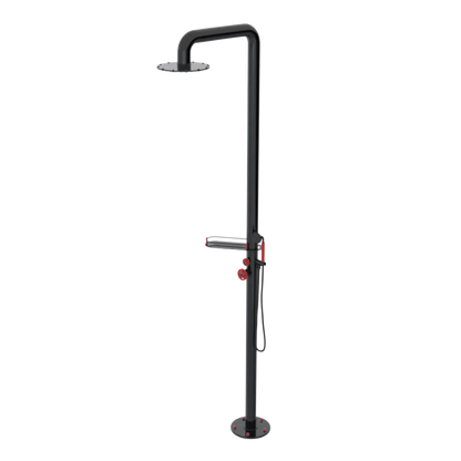Rubinet Pressure Balance Outdoor Shower with Hand Held Shower & 10" Shower Head (with shelf) - 304 Stainless Steel Black