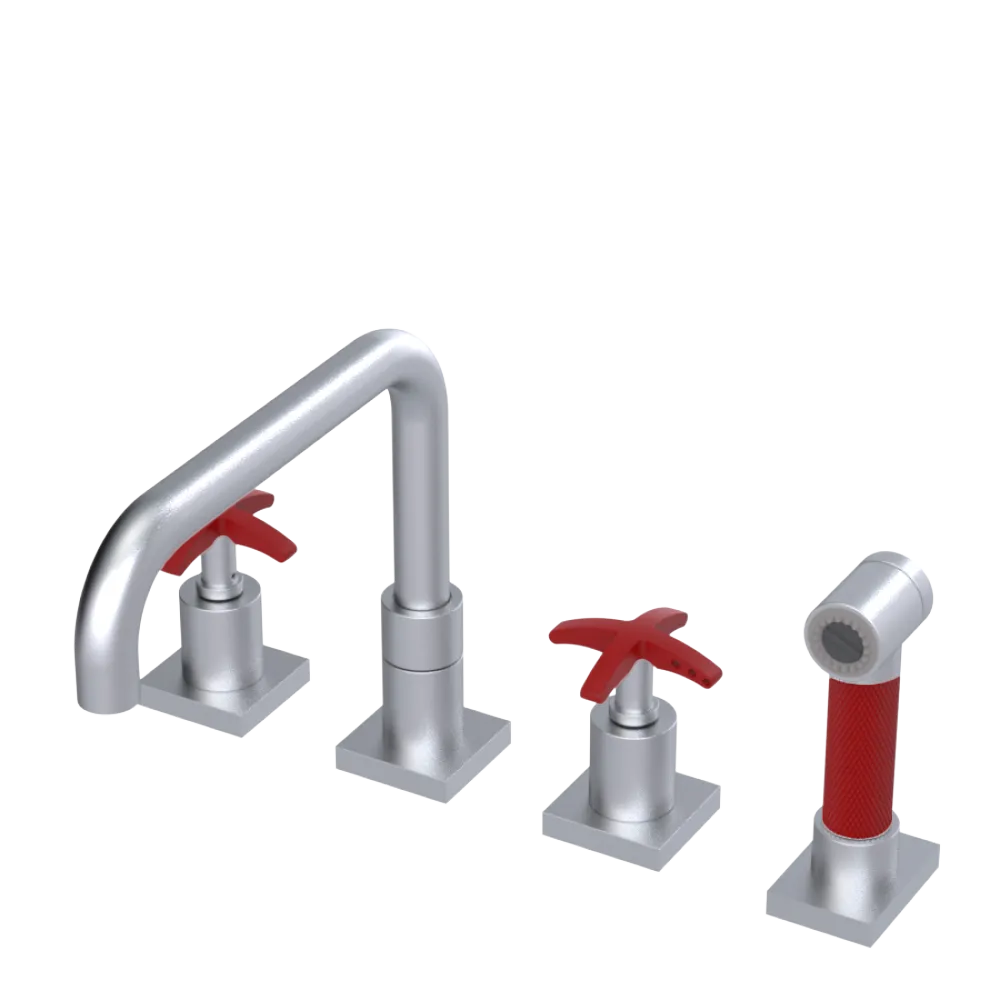 Rubinet Widespread Kitchen Set with Genesis Spout with Hand Spray Satin Chrome