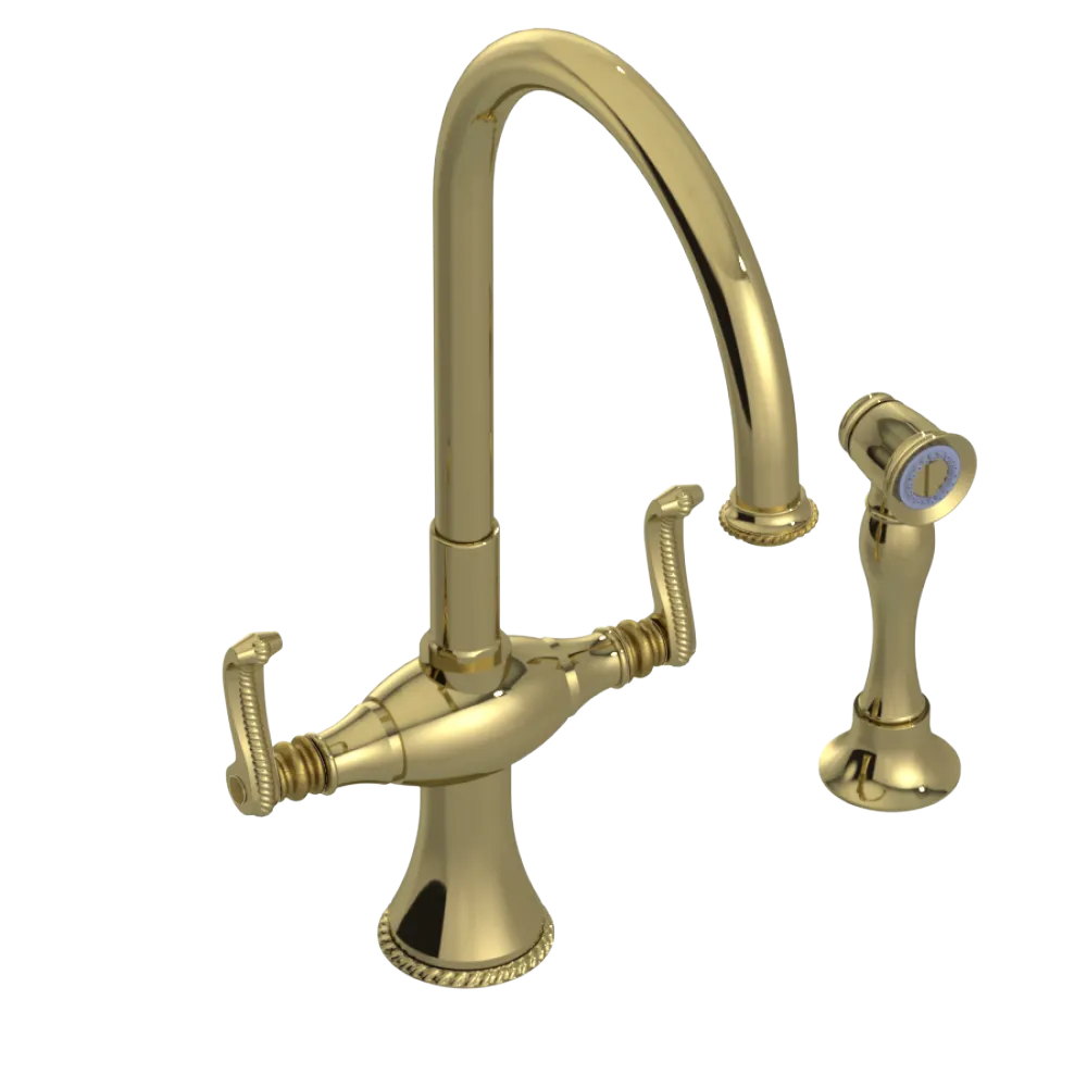Rubinet Two Handle Single Hole Kitchen Set with Hand Spray Natural Brass