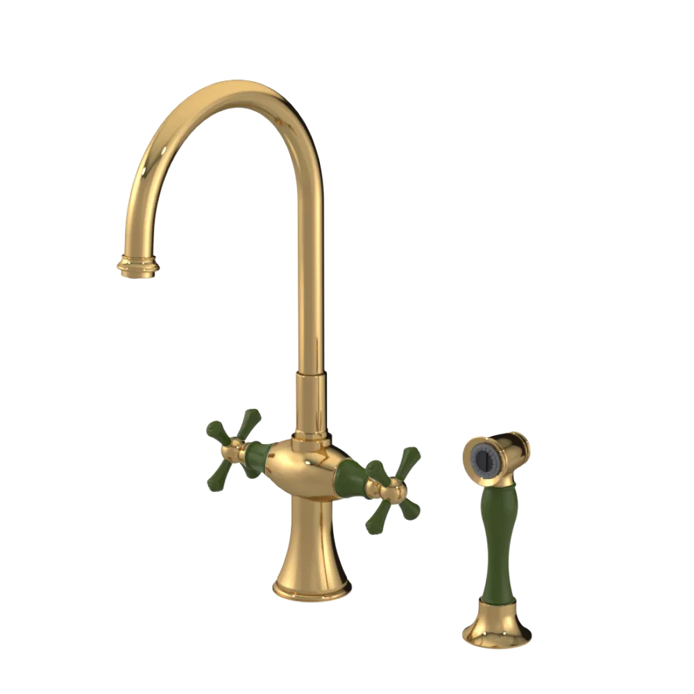 Rubinet Two Handle Single Hole Kitchen Set with Hand Spray Gold