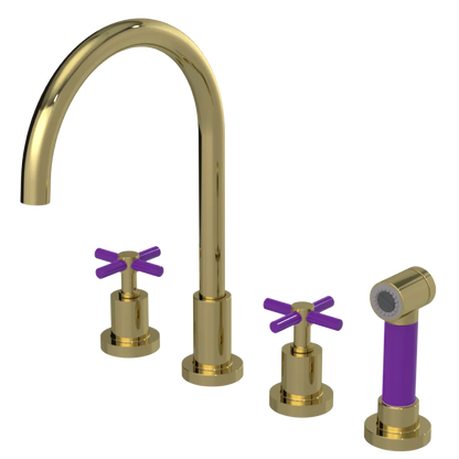 Rubinet Widespread Kitchen Set with LaSalle Spout with Hand Spray Natural Brass
