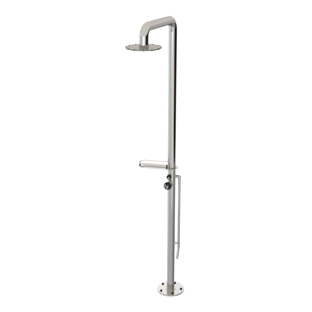 Rubinet Pressure Balance Outdoor Shower with Foot Rinse & 10" Shower Head (with shelf) - 304 Stainless Steel Polished Nickel