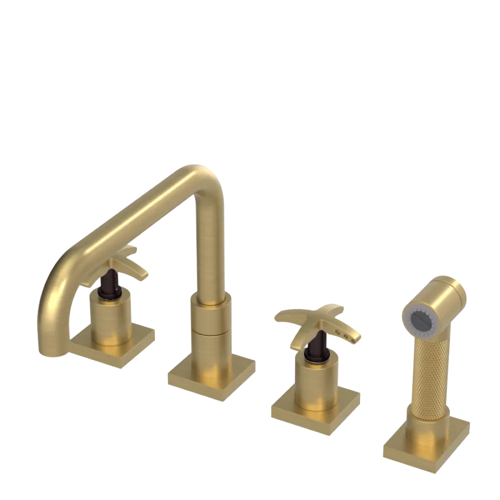Rubinet Widespread Kitchen Set with Genesis Spout with Hand Spray Satin Brass