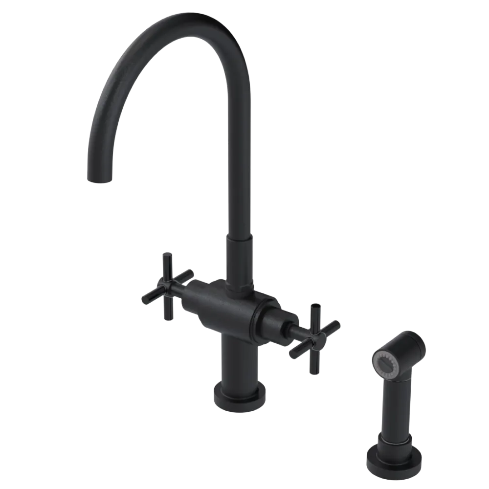 Rubinet Two Handle Single Hole Kitchen Set with LaSalle Spout with Hand Spray Matt Black