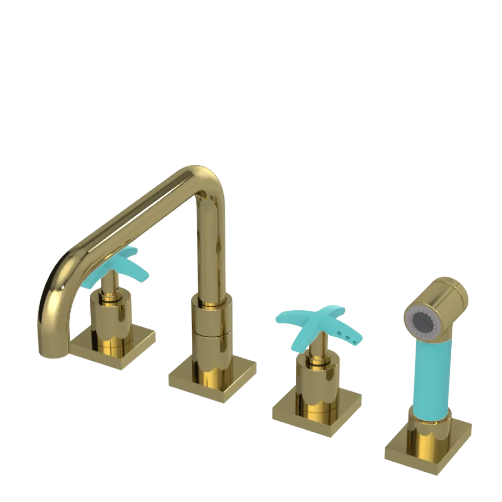 Rubinet Widespread Kitchen Set with Genesis Spout with Hand Spray Natural Brass