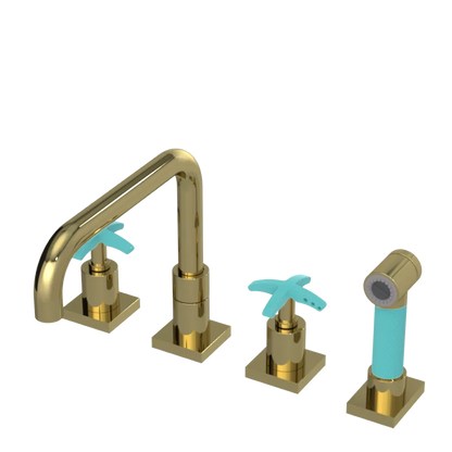Rubinet Widespread Kitchen Set with Genesis Spout with Hand Spray Natural Brass