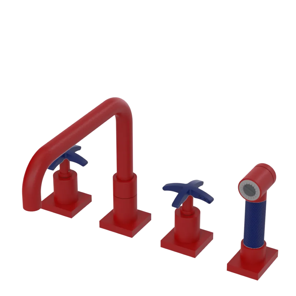 Rubinet Widespread Kitchen Set with Genesis Spout with Hand Spray Maroon