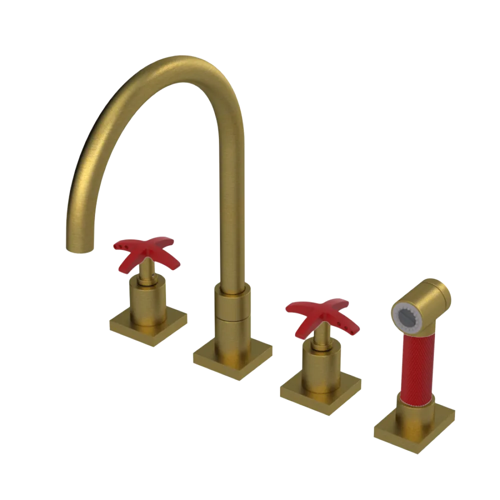 Rubinet Widespread Kitchen Set with Hand Spray Antique Brass Matt