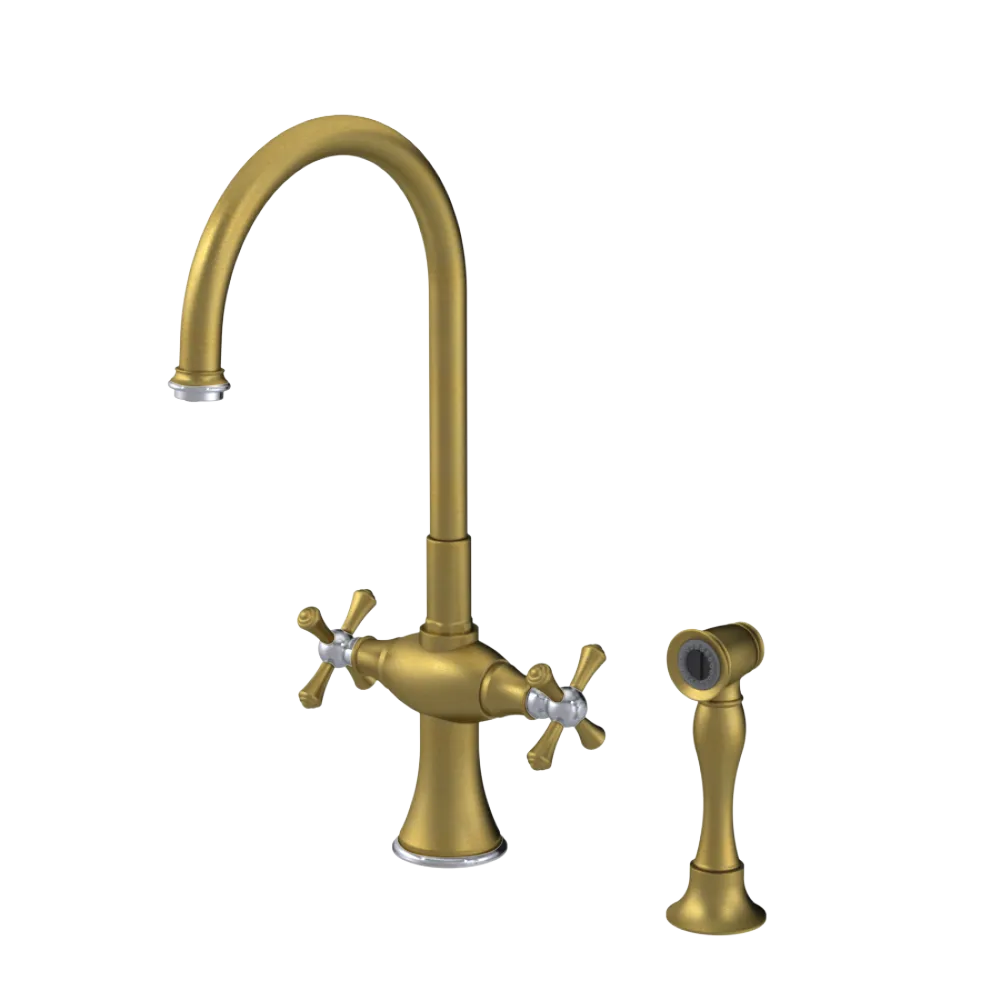 Rubinet Two Handle Single Hole Kitchen Set with Hand Spray Antique Brass Matt