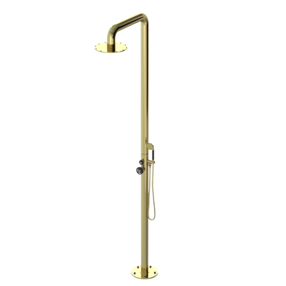 Rubinet Pressure Balance Outdoor Shower with Hand Held Shower & 10" Shower Head - 304 Stainless Steel Bright Brass