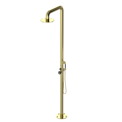Rubinet Pressure Balance Outdoor Shower with Hand Held Shower & 10" Shower Head - 304 Stainless Steel Bright Brass