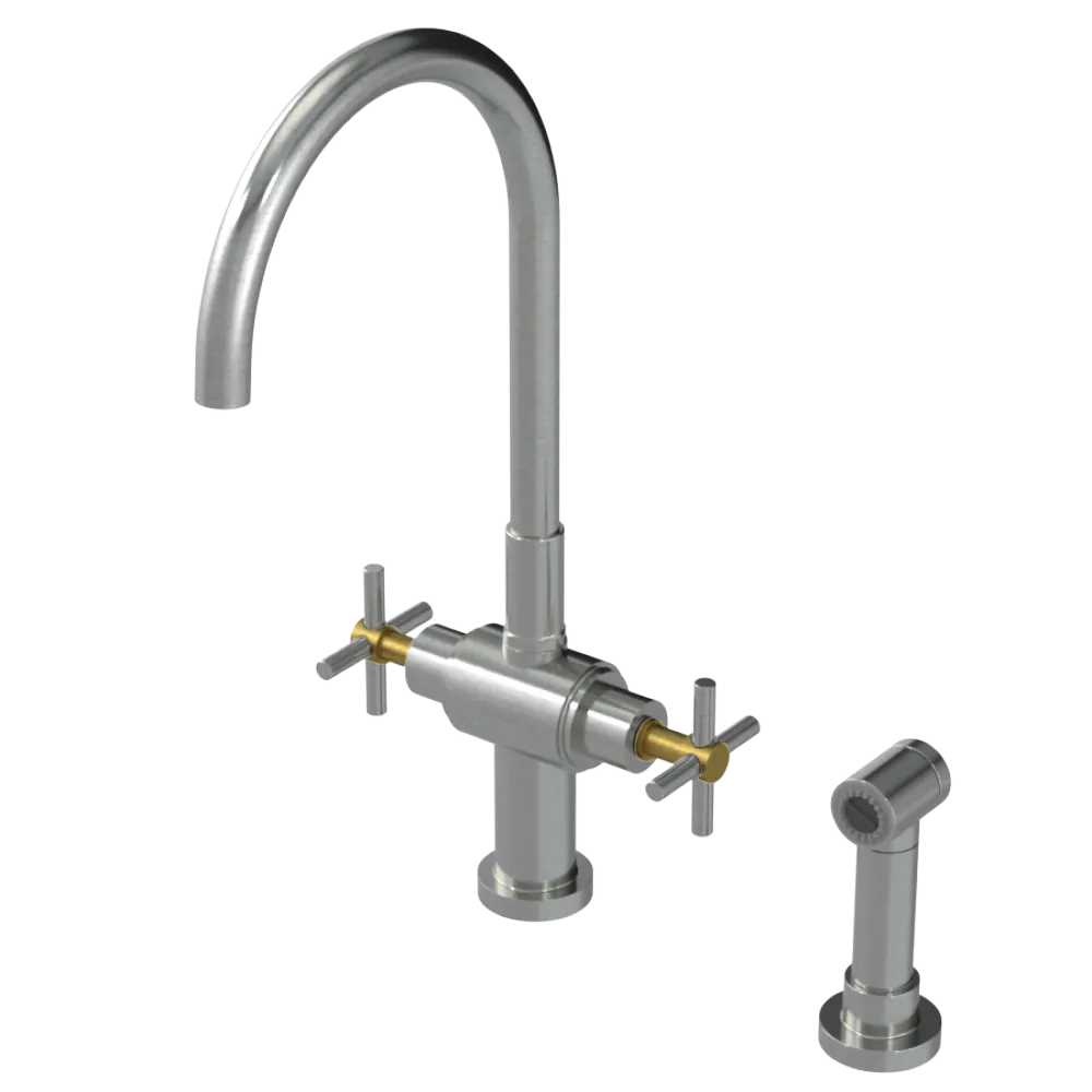 Rubinet Two Handle Single Hole Kitchen Set with LaSalle Spout with Hand Spray Satin Nickel