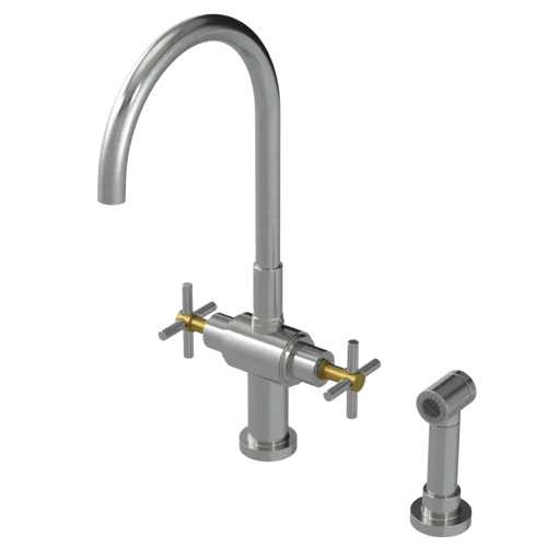 Rubinet Two Handle Single Hole Kitchen Set with LaSalle Spout with Hand Spray Satin Nickel