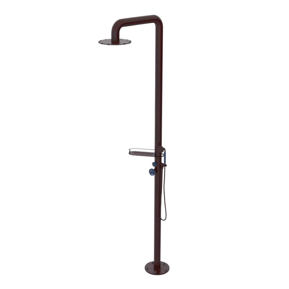 Rubinet Pressure Balance Outdoor Shower with Hand Held Shower & 10" Shower Head (with shelf) - 304 Stainless Steel Bordeaux