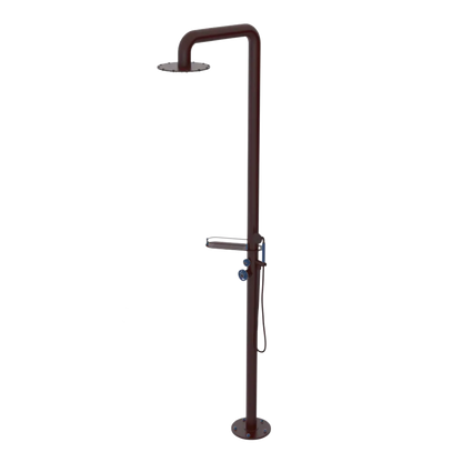 Rubinet Pressure Balance Outdoor Shower with Hand Held Shower & 10" Shower Head (with shelf) - 304 Stainless Steel Bordeaux