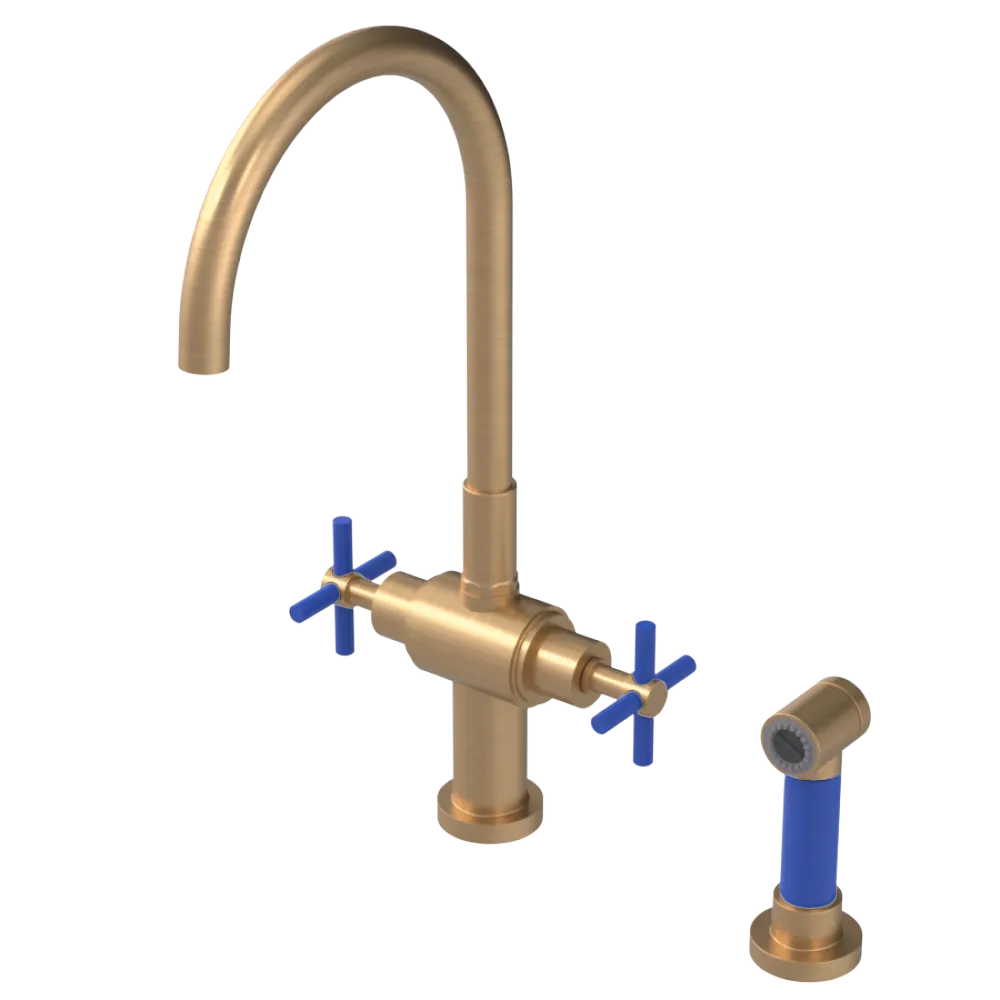 Rubinet Two Handle Single Hole Kitchen Set with LaSalle Spout with Hand Spray Satin Gold