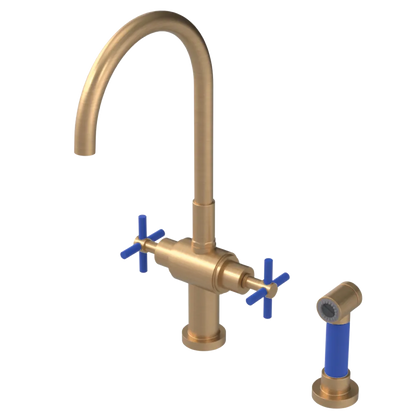 Rubinet Two Handle Single Hole Kitchen Set with LaSalle Spout with Hand Spray Satin Gold
