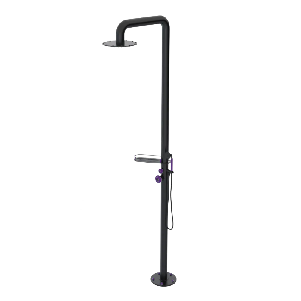 Rubinet Pressure Balance Outdoor Shower with Hand Held Shower & 10" Shower Head (with shelf) - 304 Stainless Steel Matt Black