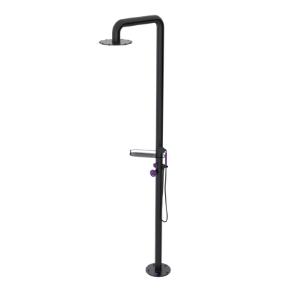 Rubinet Pressure Balance Outdoor Shower with Hand Held Shower & 10" Shower Head (with shelf) - 304 Stainless Steel Matt Black