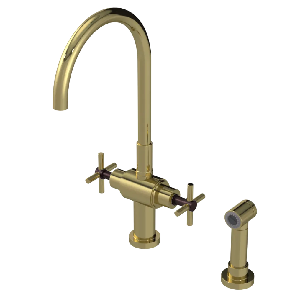 Rubinet Two Handle Single Hole Kitchen Set with LaSalle Spout with Hand Spray Natural Brass