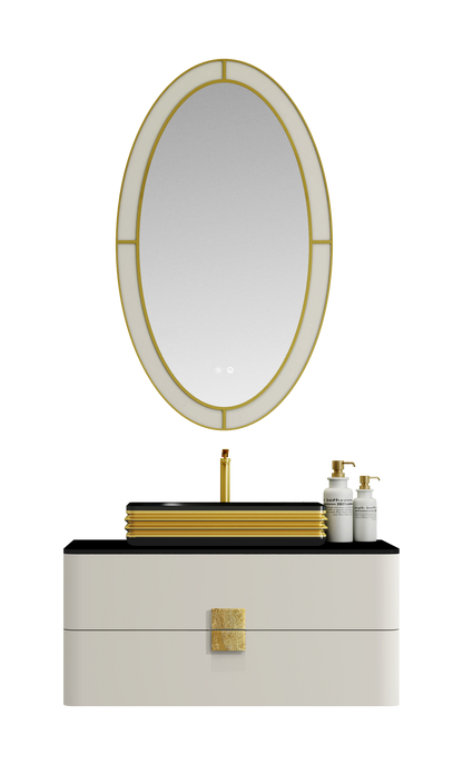 Lumina LED Oval Bathroom Mirror – 28" x 43" | Gold Black & Apricot Pear
