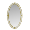 Bathroom vanity with oval mirror, black countertop, and gold accents on a white background