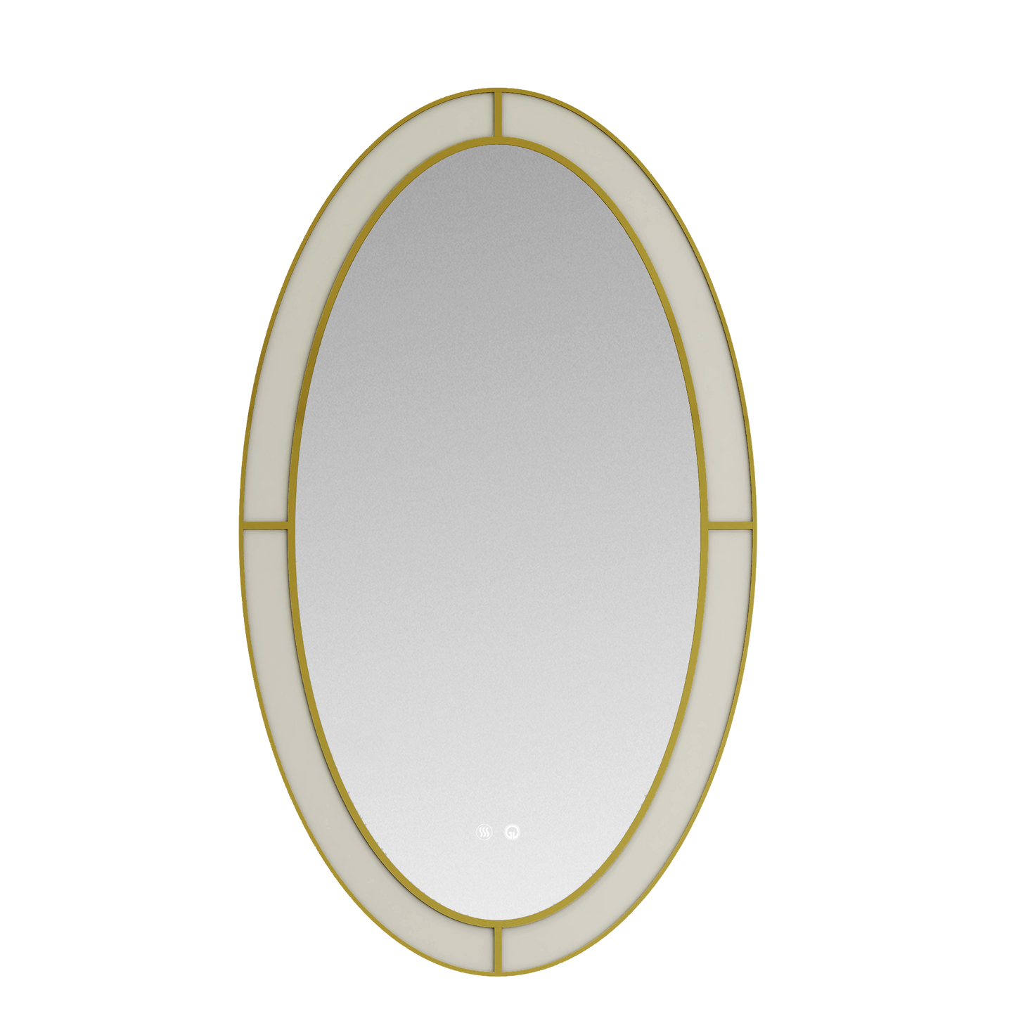 Bathroom vanity with oval mirror, black countertop, and gold accents on a white background