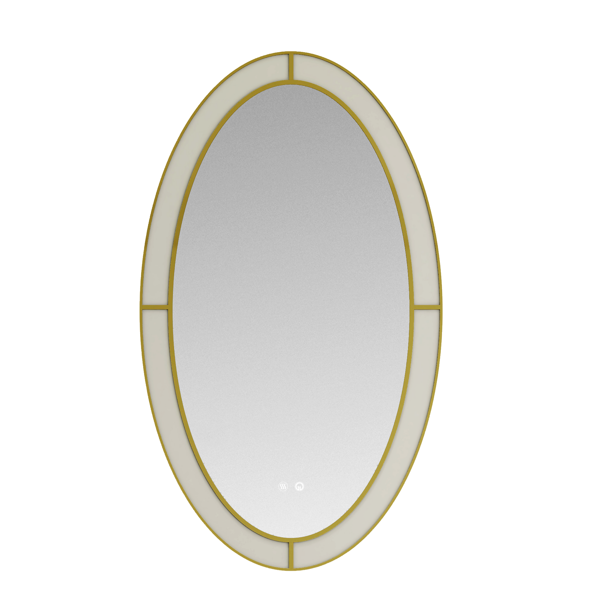 Bathroom vanity with oval mirror, black countertop, and gold accents on a white background