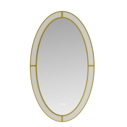 Bathroom vanity with oval mirror, black countertop, and gold accents on a white background