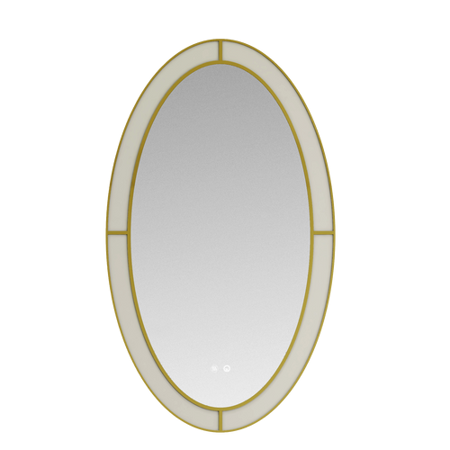 Bathroom vanity with oval mirror, black countertop, and gold accents on a white background