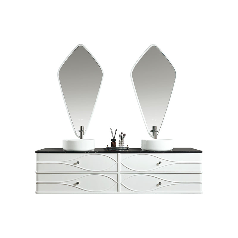 Vela Modern Artistic Double Sink Floating Vanity – Retro White with Black Marble Countertop