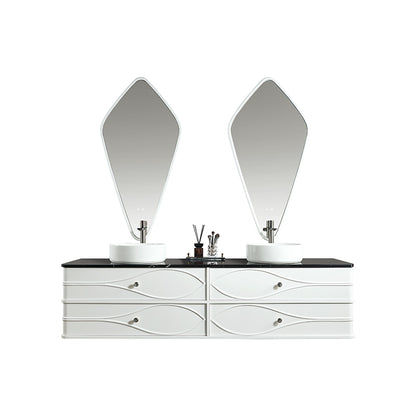 Vela Modern Artistic Double Sink Floating Vanity – Retro White with Black Marble Countertop