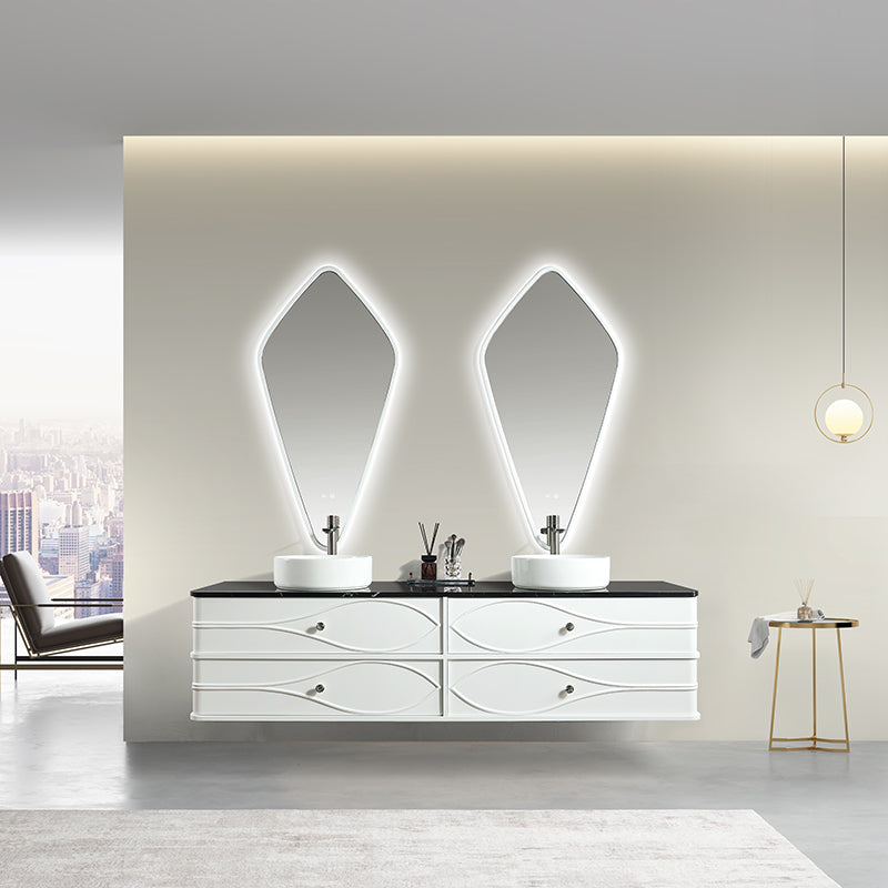 Vela Modern Artistic Double Sink Floating Vanity – Retro White with Black Marble Countertop