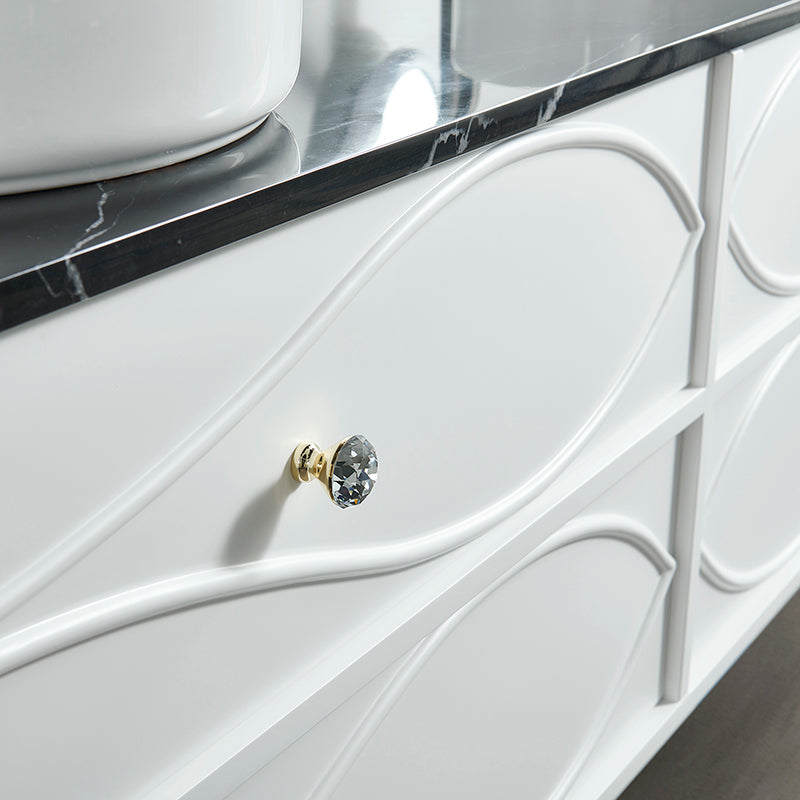 Vela Modern Artistic Double Sink Floating Vanity – Retro White with Black Marble Countertop