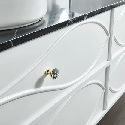 Vela Modern Artistic Double Sink Floating Vanity – Retro White with Black Marble Countertop