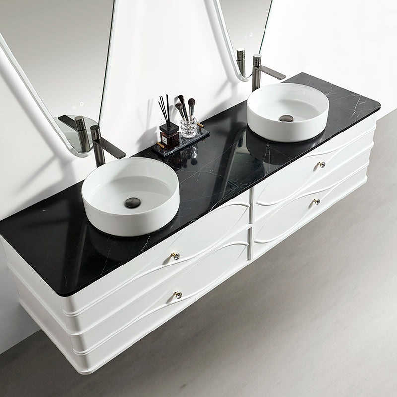 Vela Modern Artistic Double Sink Floating Vanity – Retro White with Black Marble Countertop