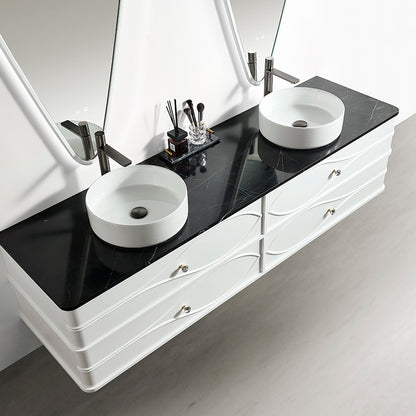 Vela Modern Artistic Double Sink Floating Vanity – Retro White with Black Marble Countertop
