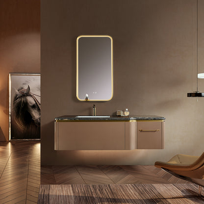 Enigma Framed LED Bathroom Mirror with Shelf – Brushed Gold Stainless Steel