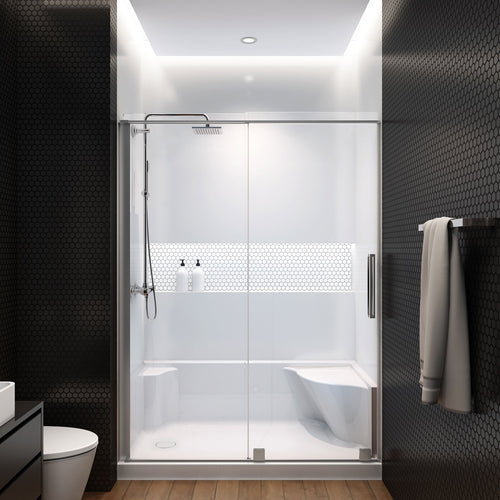 Zitta Molded seat shower base, 60" x 32", in alcove with left drain and right seat