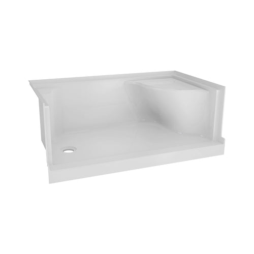 Zitta Molded seat shower base, 60" x 32", in alcove with left drain and right seat