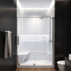 Zitta Molded seat shower base, 60" x 32", in alcove with right drain and left seat