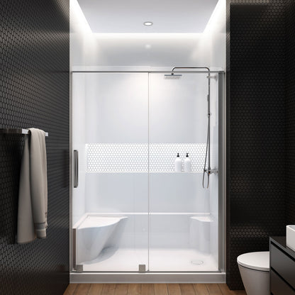 Zitta Molded seat shower base, 60" x 32", in alcove with right drain and left seat