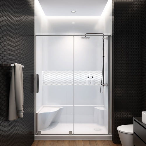 Zitta Molded seat shower base, 60" x 32", in alcove with right drain and left seat