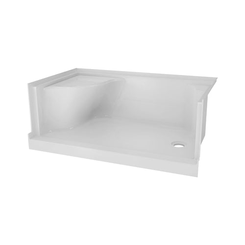 Zitta Molded seat shower base, 60" x 32", in alcove with right drain and left seat