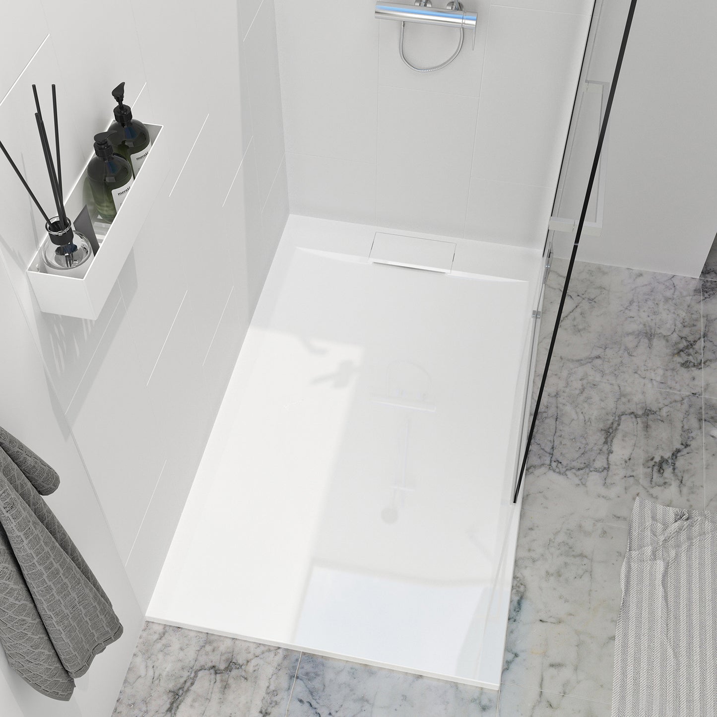 Zitta Shower base Liss 72 x 36, in a corner, wall on the right side, drain on the right side, in glossy white